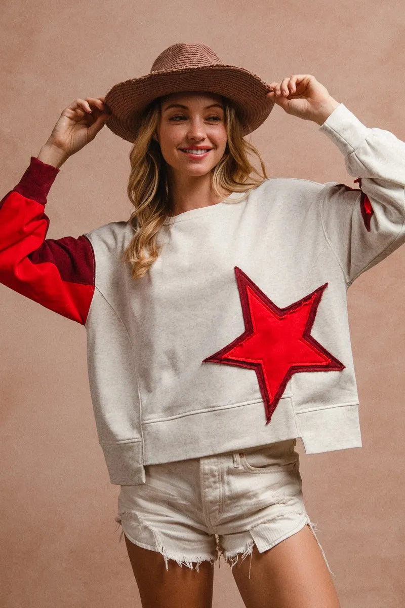 BiBi Star Patch And Spliced Hemline French Terry Long Sleeve Sweatshirt