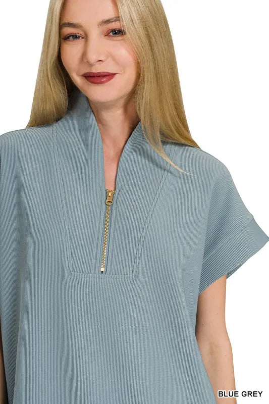 Zenana Blue Grey Ribbed High Neck Half Zip Top