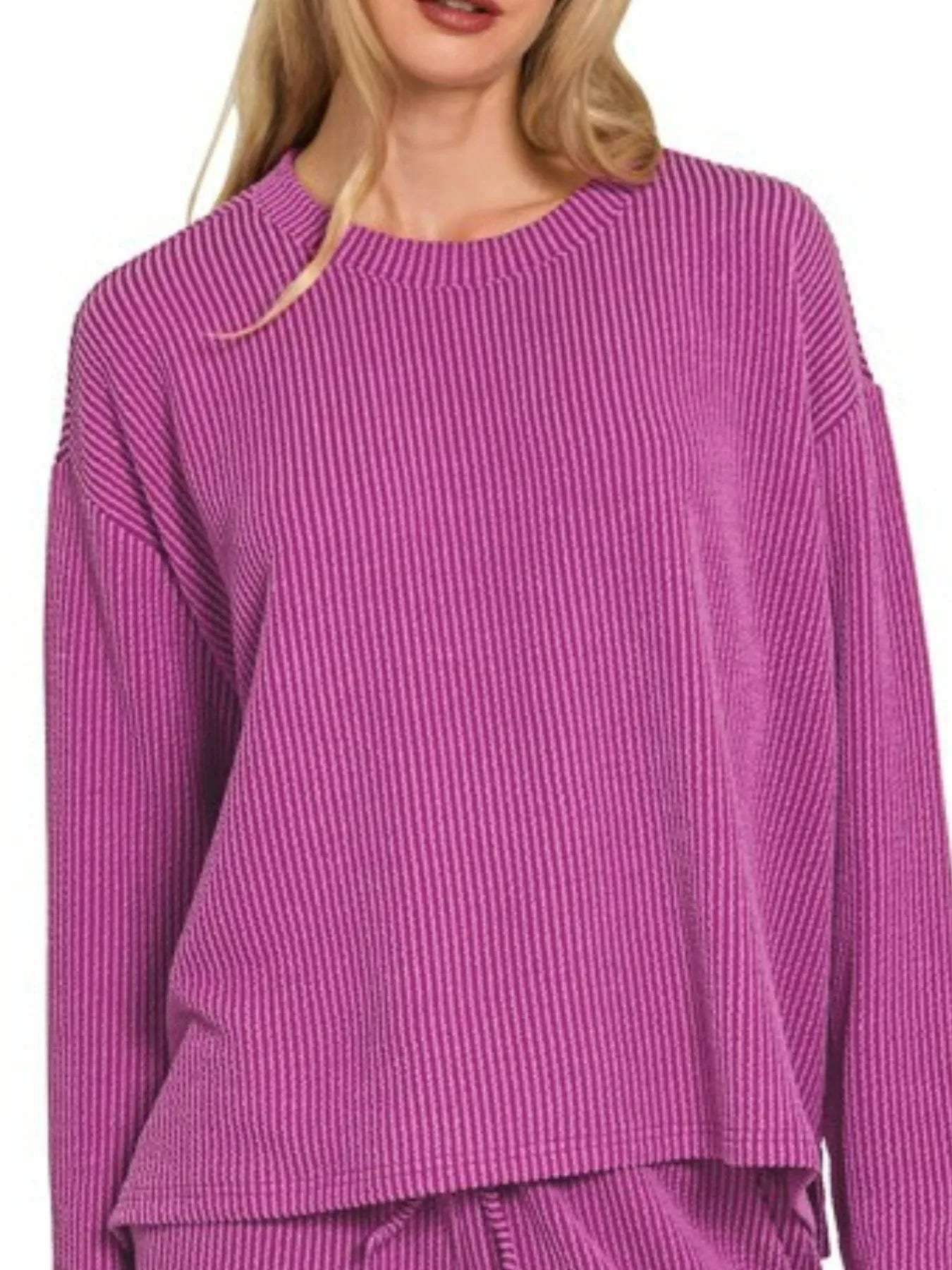 Zenana Plum Corded Rib Long Sleeve Tee and Shorts Set