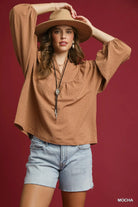 Umgee Mocha Textured Notched Blouse with Balloon Sleeves MOCHA