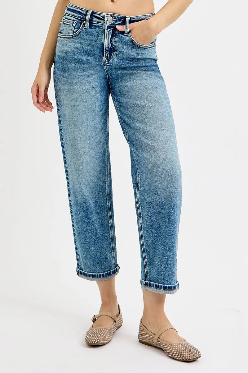 RISEN Medium Washed High Rise Crop Boyfriend Jeans
