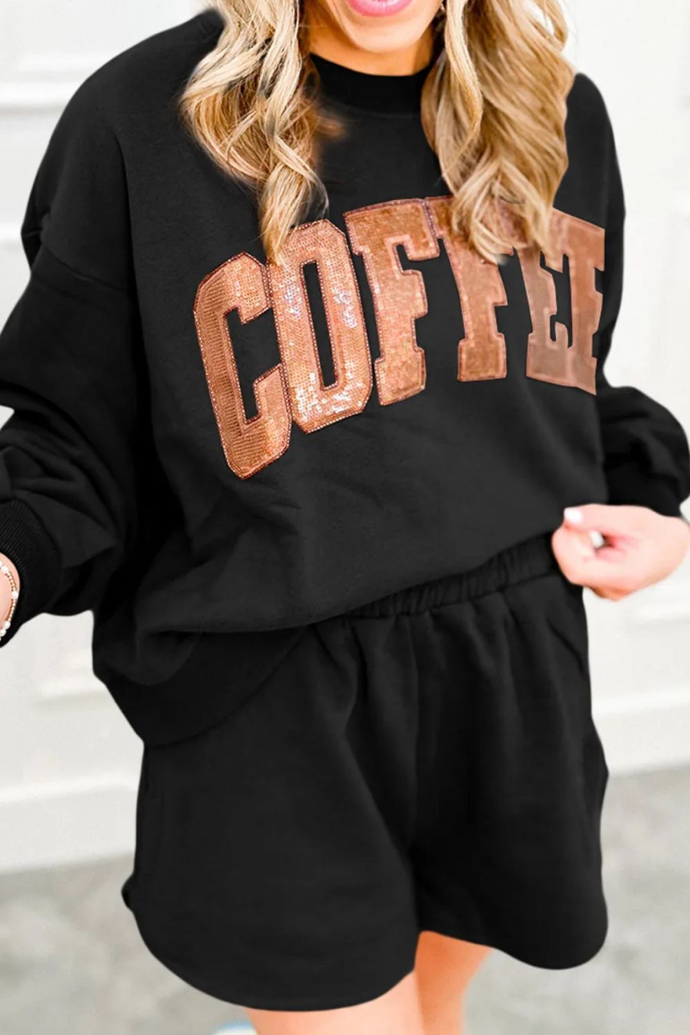 Preorder: COFFEE Sequin Round Neck Long Sleeve Top and Shorts Set Black Loungewear