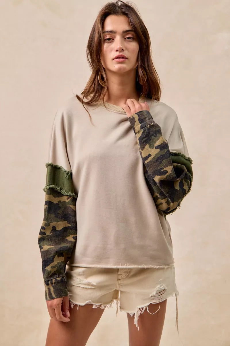 BiBi Taupe & Olive Camo Sleeve French Terry Top with Frayed Edge