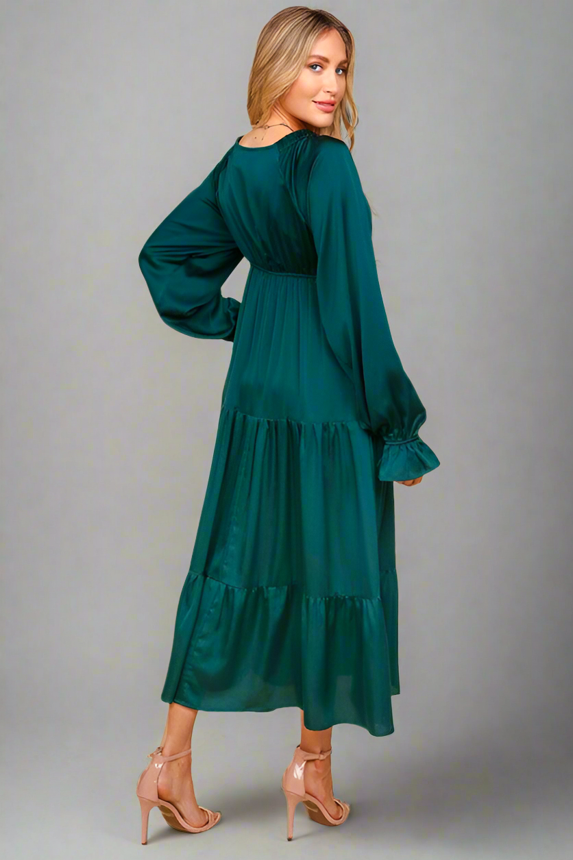 Haptics Elegant Hunter Green Elastic V Neck Tiered Satin Maxi Dress