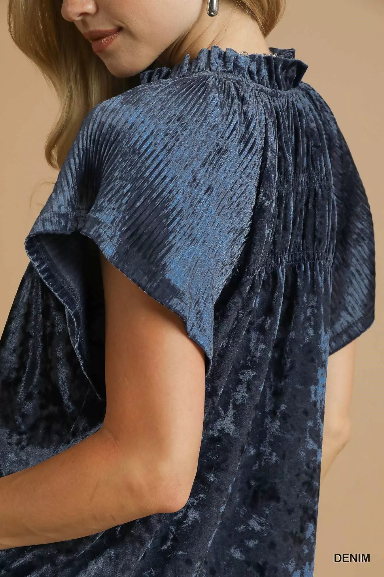 Umgee Denim Crushed Velvet Pleated Blouse