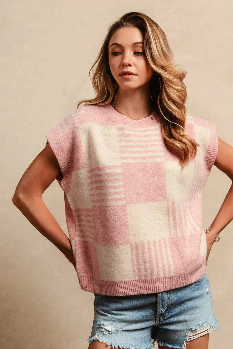 BiBi Blush & Ivory Checker With Stripes Pattern Sleeveless Sweater