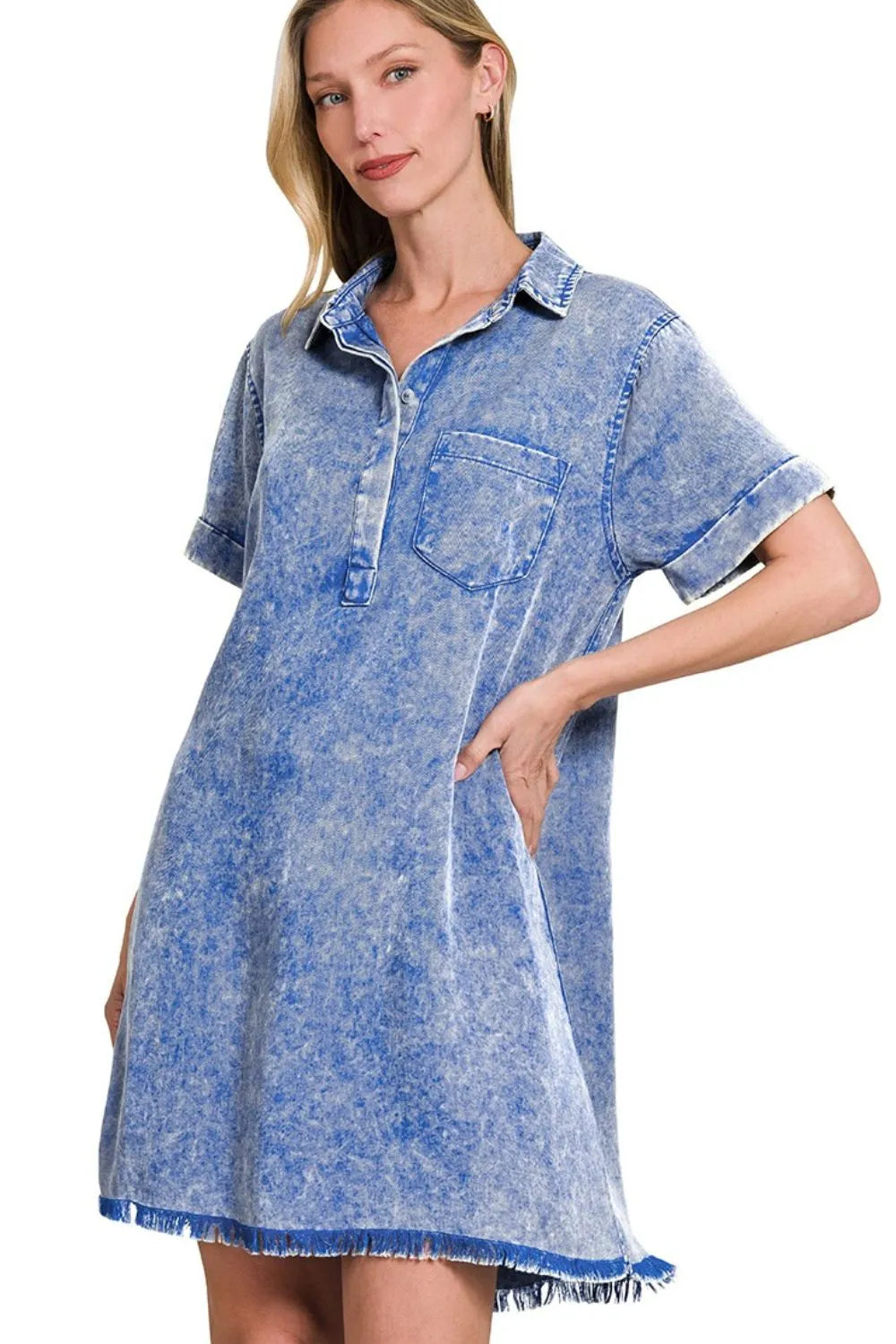 Zenana Classic Blue Tencel Mineral Washed Collared Shirt Dress CLASSIC BLUE