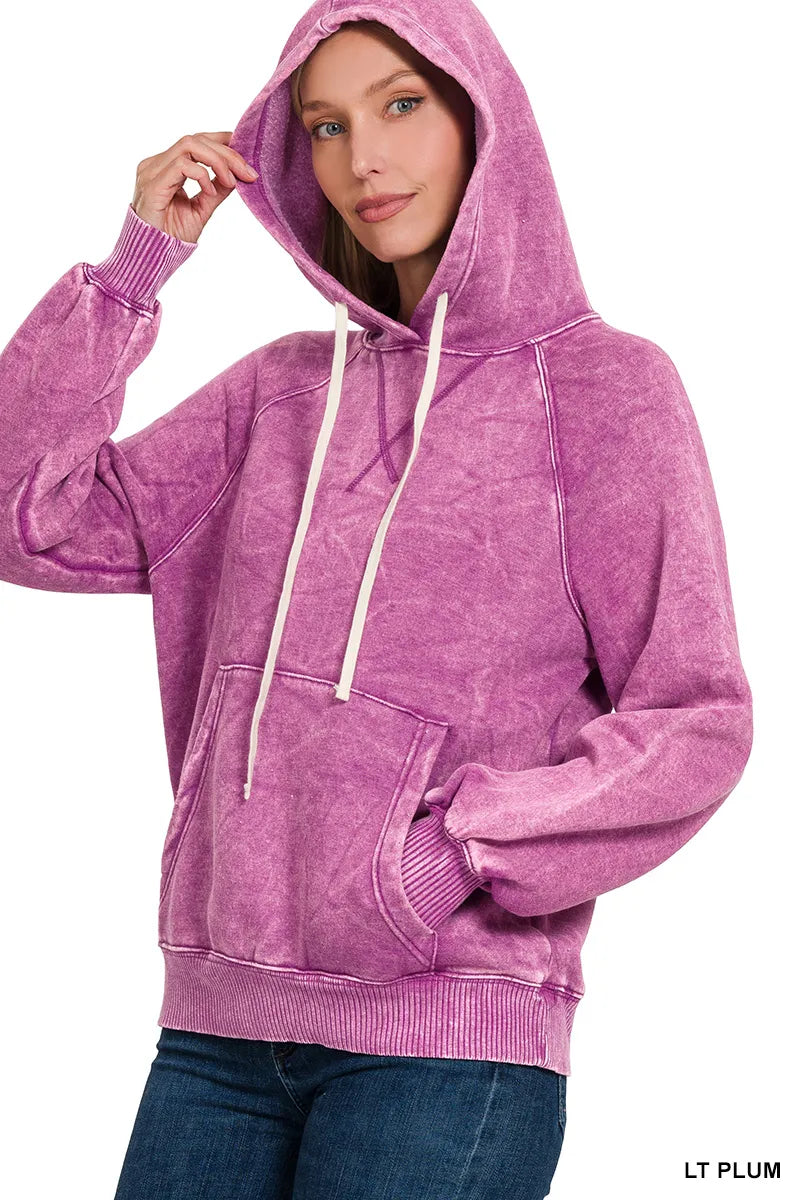 Zenana Light Plum Acid Wash Fleece Hoodie with Kangaroo Pocket