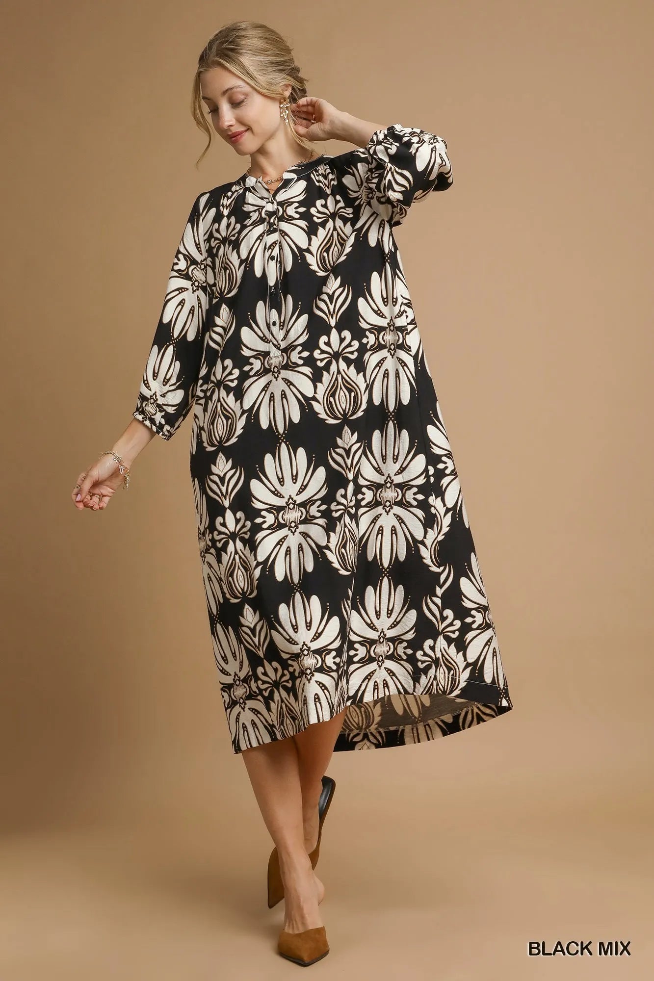 Umgee Black Mix Abstract Floral Print Midi Dress