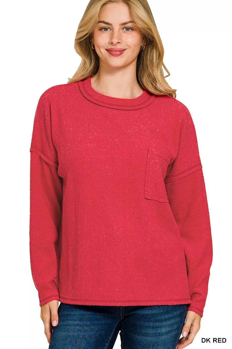 Zenana Dark Red Ribbed Brushed Melange Hacci Sweater with Chest Pocket