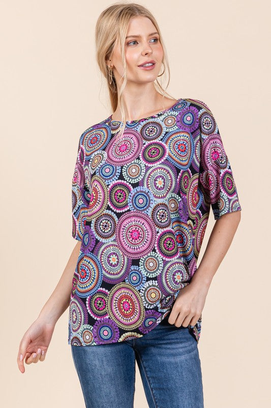 BOMBOM Mauve Multi Printed Round Neck Half Sleeve Top Mauve