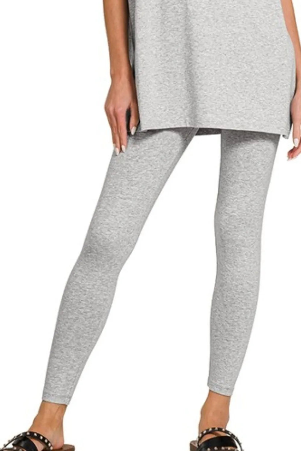 Zenana Heather Gray Cotton Round Neck Top & Legging Set