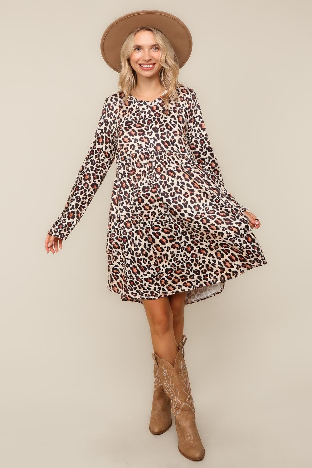Haptics Taupe Leopard Babydoll Swing Knee Length Knit Dress