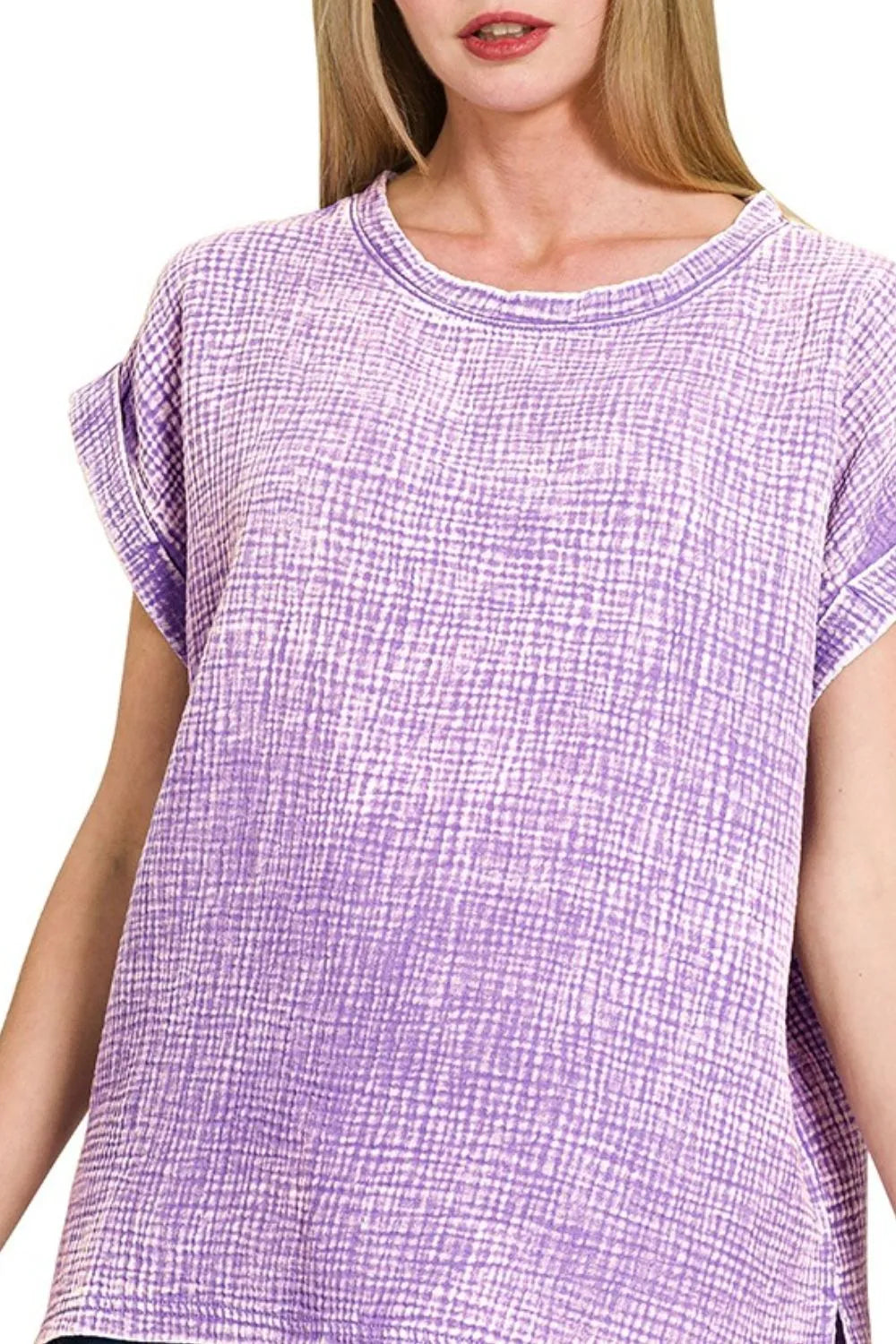 Zenana Lavender Woven Double Gauze Acid Washed Short Sleeve Top