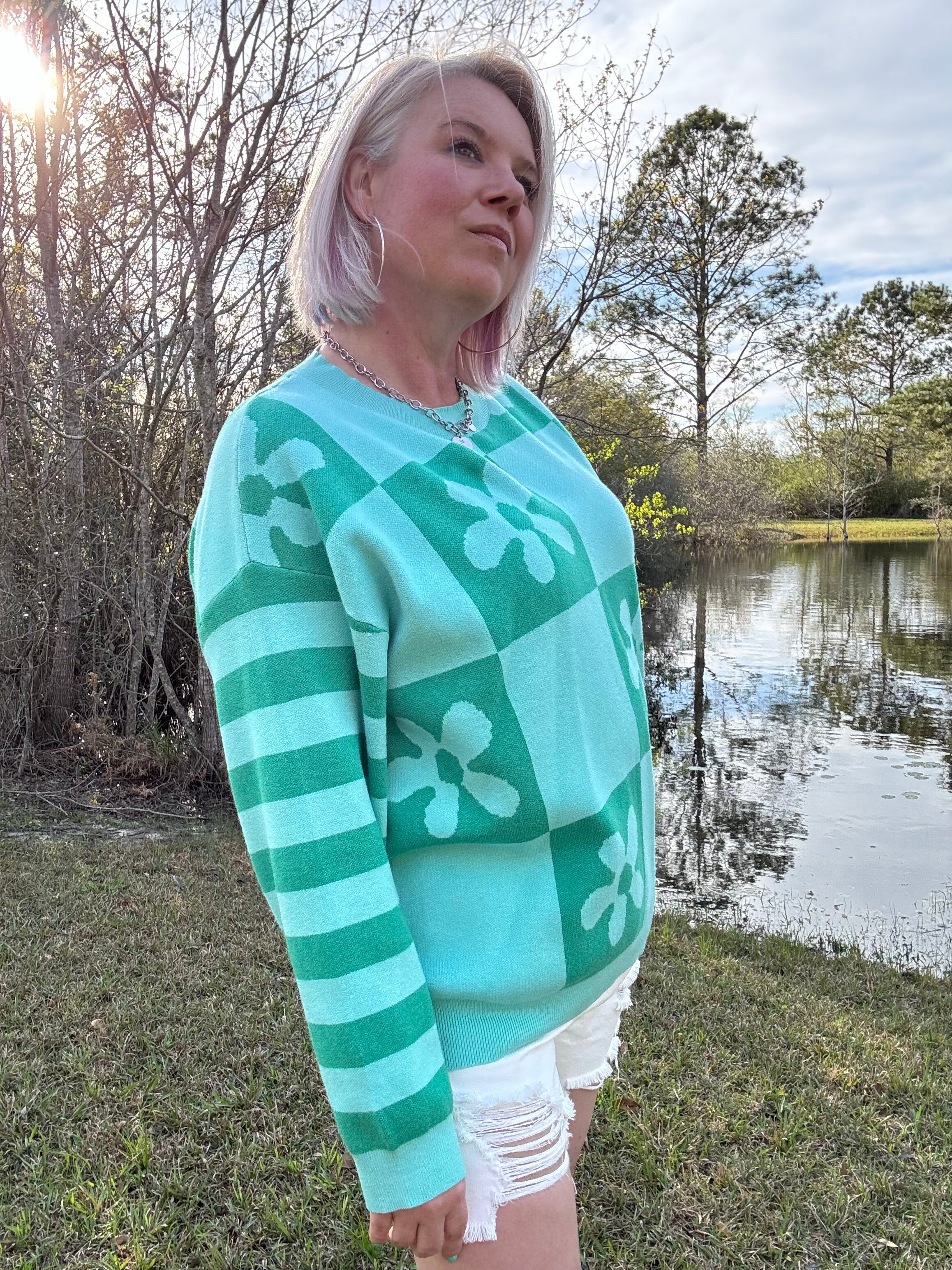 BiBi Mint/Jade Floral Mix Pattern Sweater