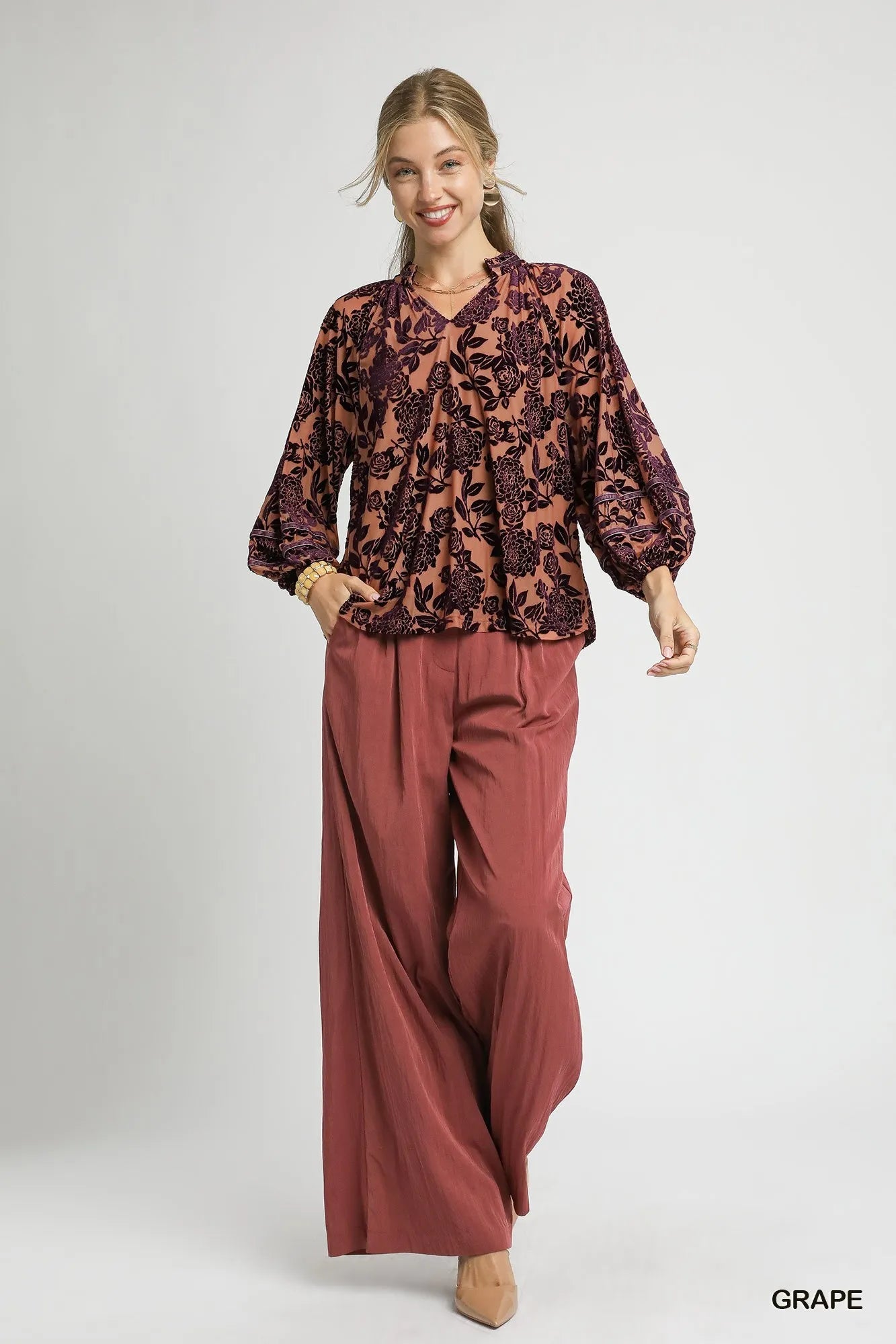 Umgee Grape Floral Velvet Burnout Blouse with Balloon Sleeves