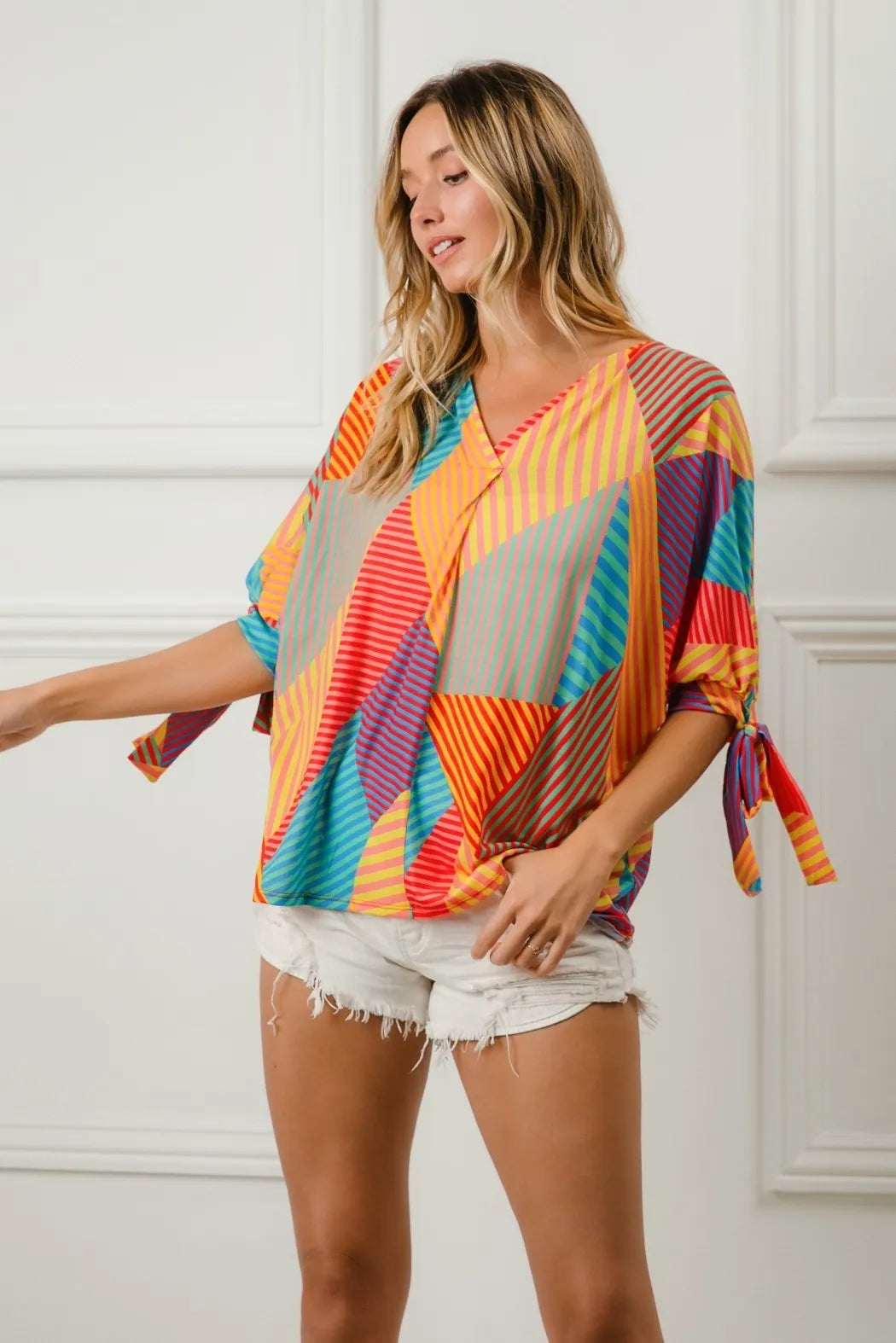 BiBi Multi Color Stripe Block Printed Jersey Blouse with Tied Sleeves