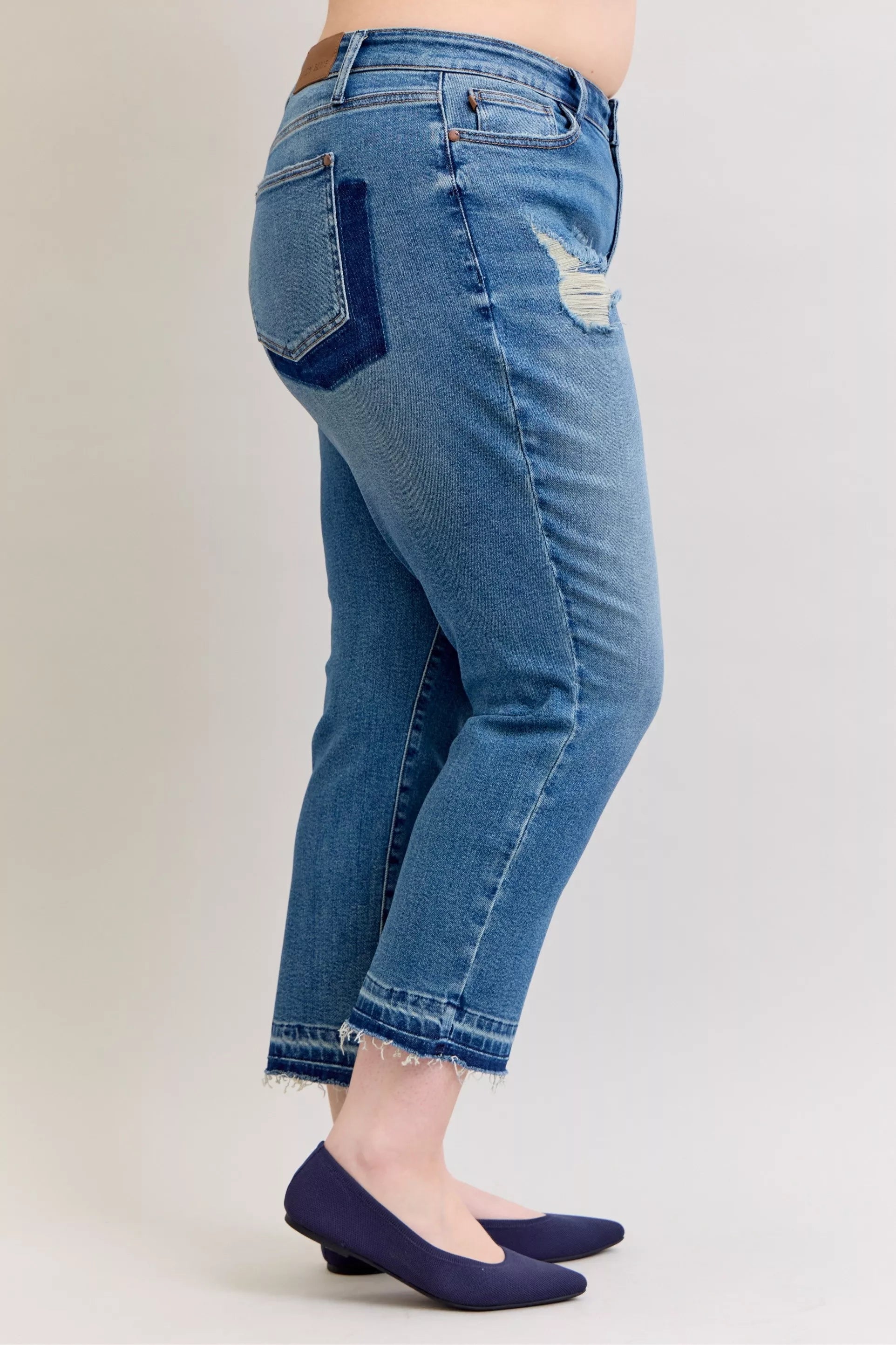 Judy Blue Mid Rise Boyfriend Patch & Repair Destroyed Release Hem Jeans
