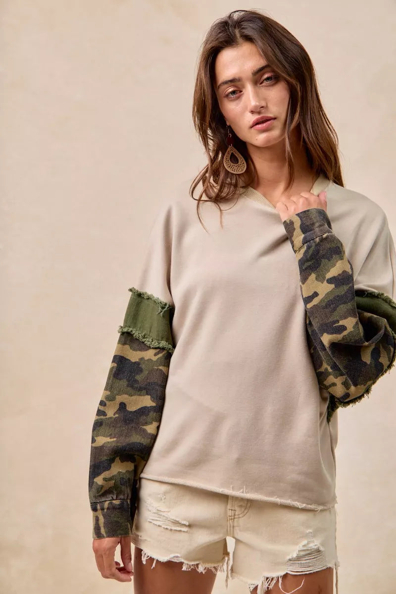 BiBi Taupe & Olive Camo Sleeve French Terry Top with Frayed Edge