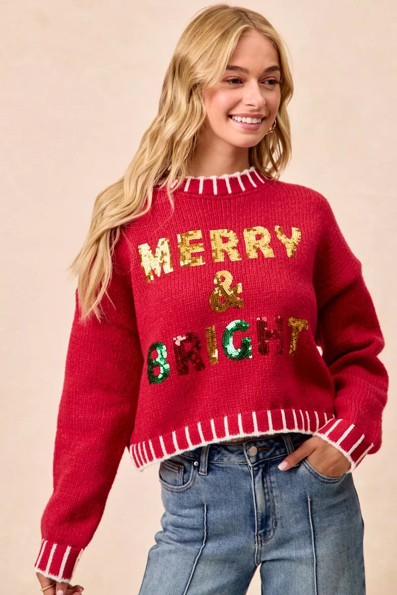 BiB Redi Christmas Theme Sequin Lattering Sweater
