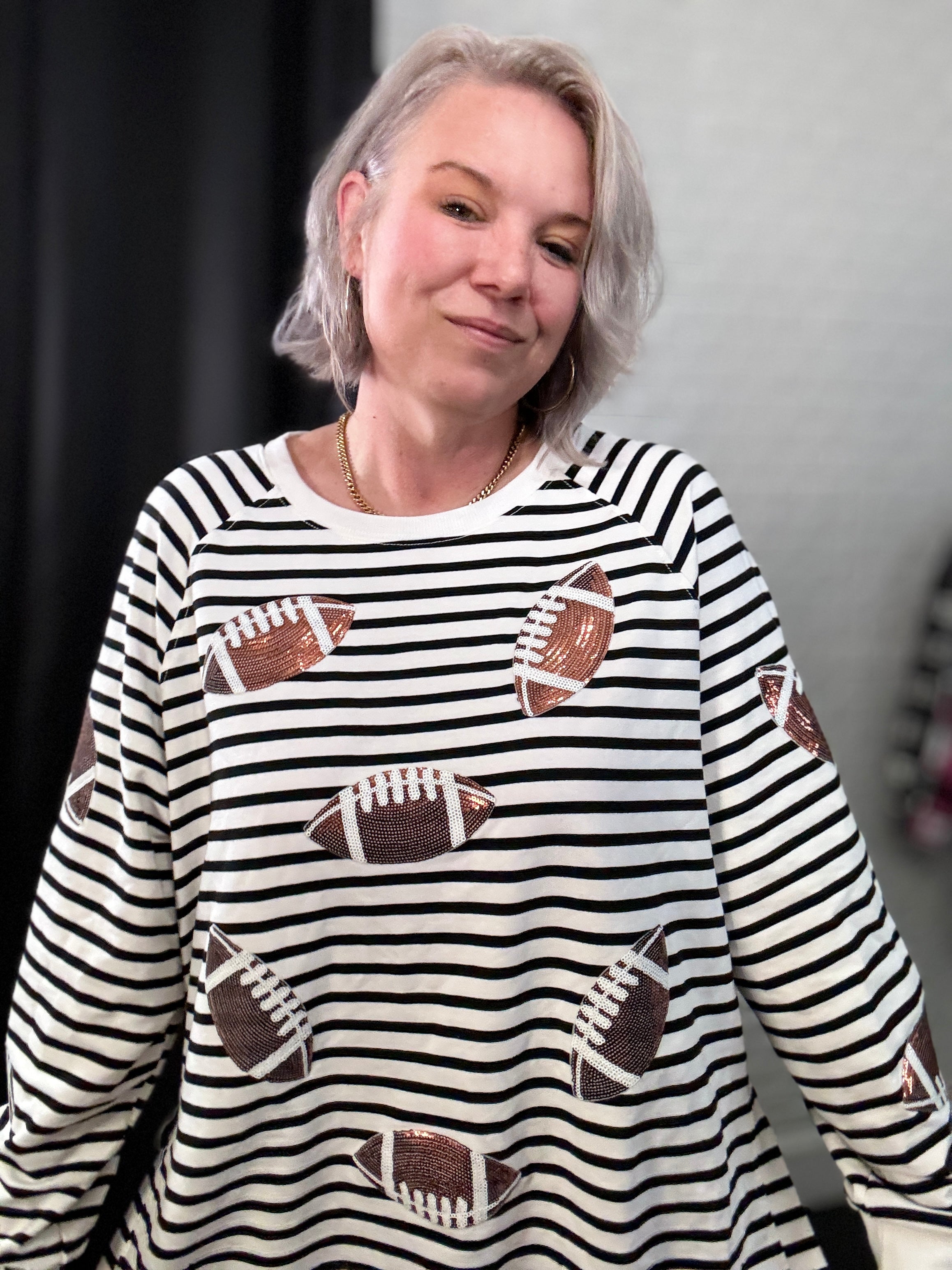 Preorder Ruby Idol Game Day Sequin Football Striped Long Sleeve Sweatshirt Shirts & Tops