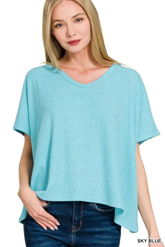 Zenana Sky Blue Ribbed V-Neck Short-Sleeve Knit Top SKY BLUE