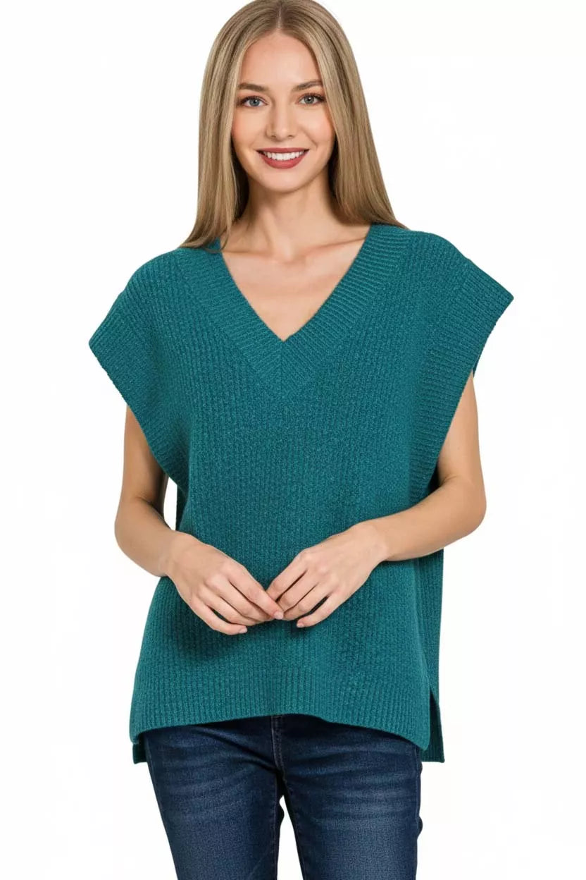 Zenana Teal Ribbed Slit V-Neck Sweater Vest