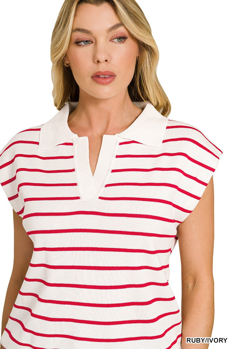 Zenana Viscose Striped Collared Sweater Vest