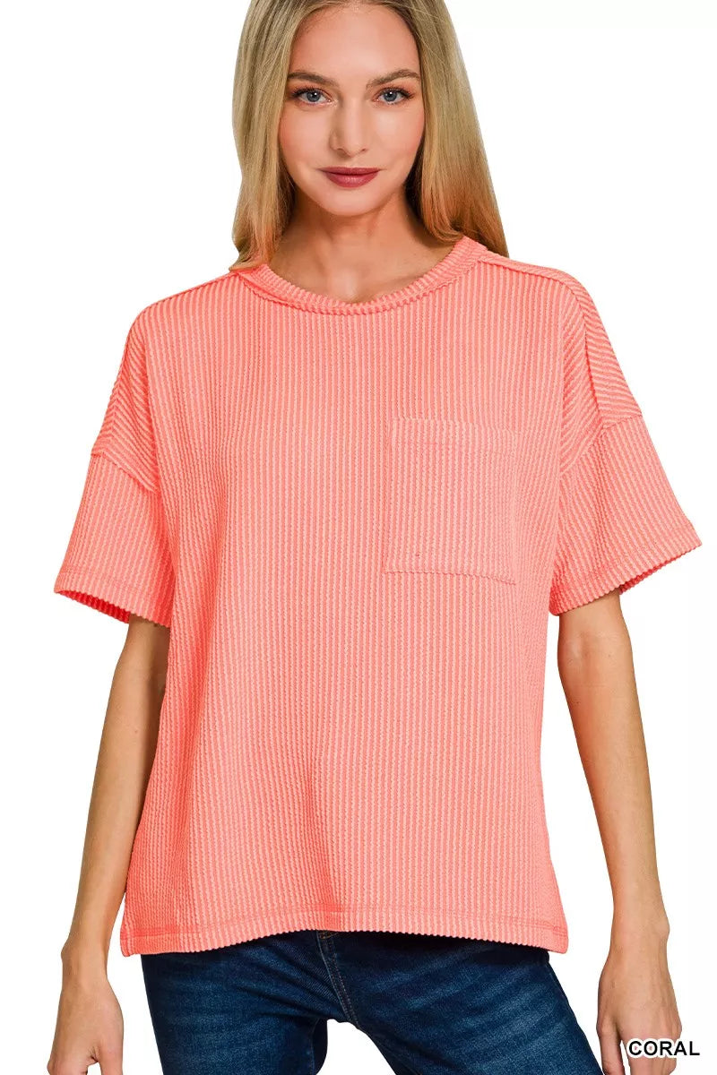 Zenana Coral Raised Rib Exposed Seam Short Sleeve Top CORAL