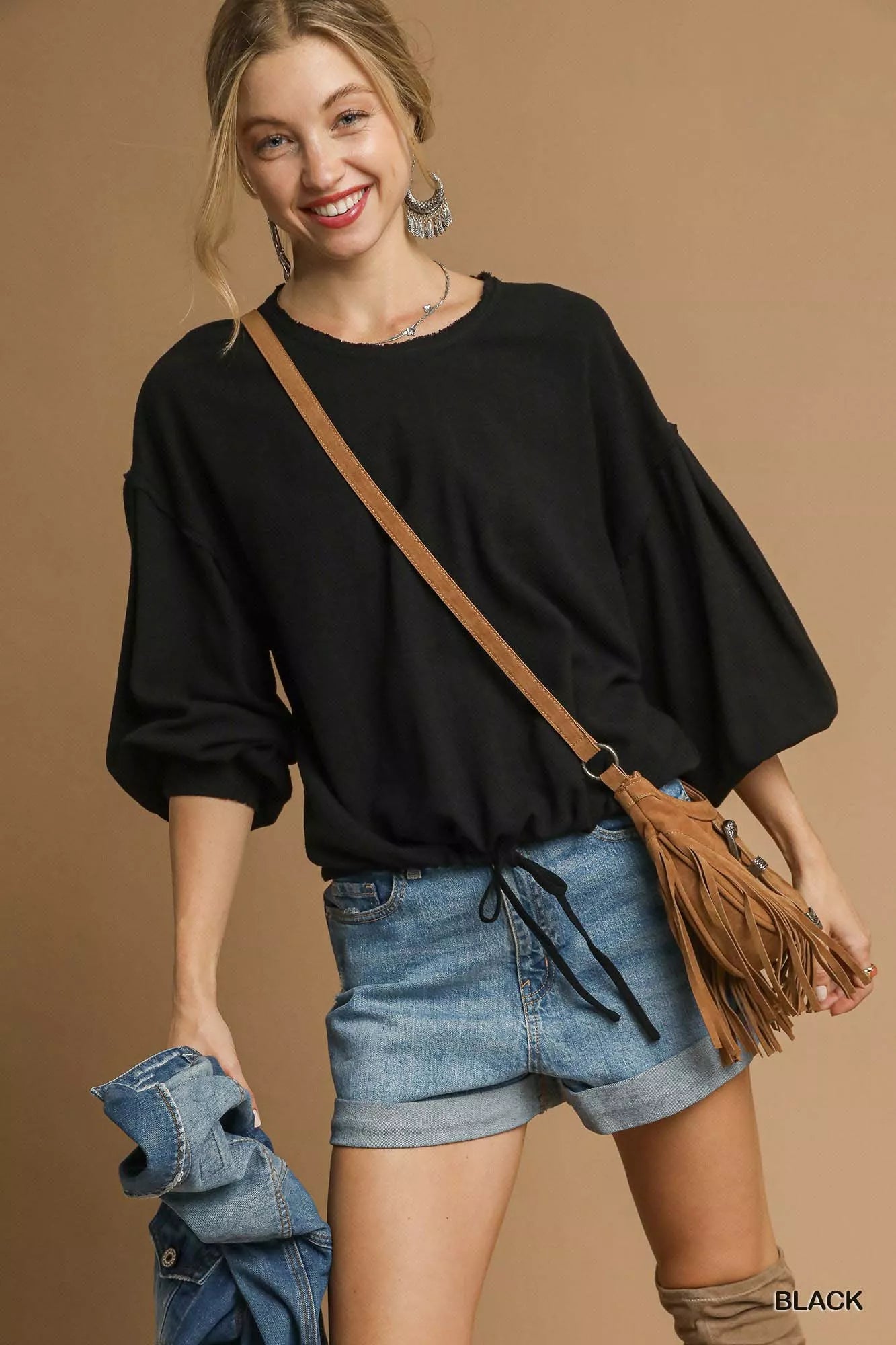 Umgee Black Linen Long Sleeve Top with Drawstring