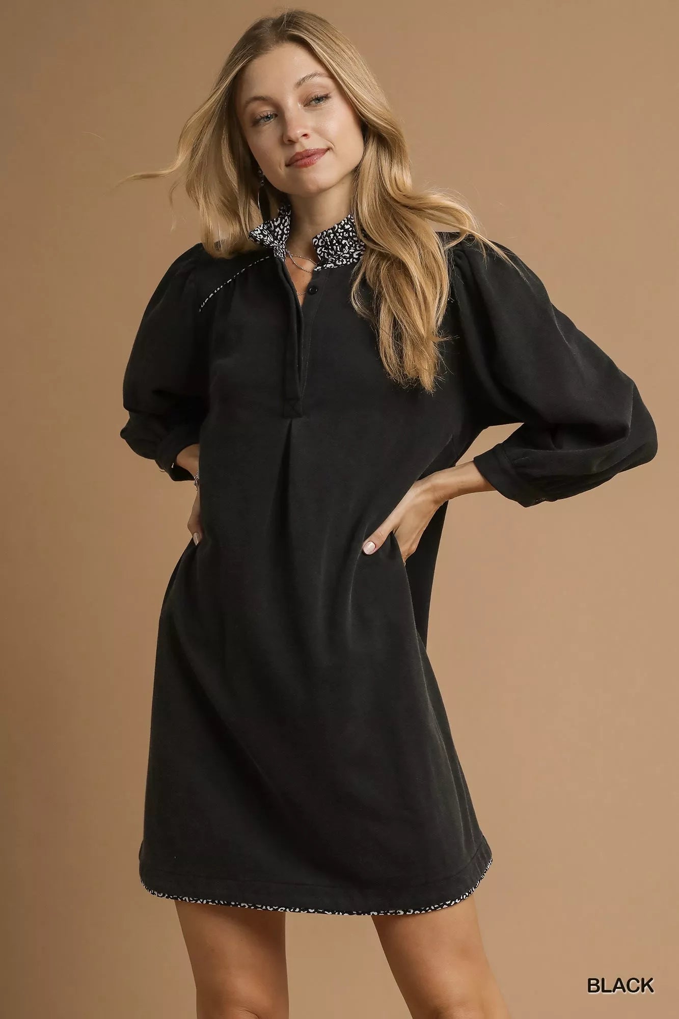 Umgee Black French Terry Balloon Sleeve Shift Dress with Leopard Print Detail Black