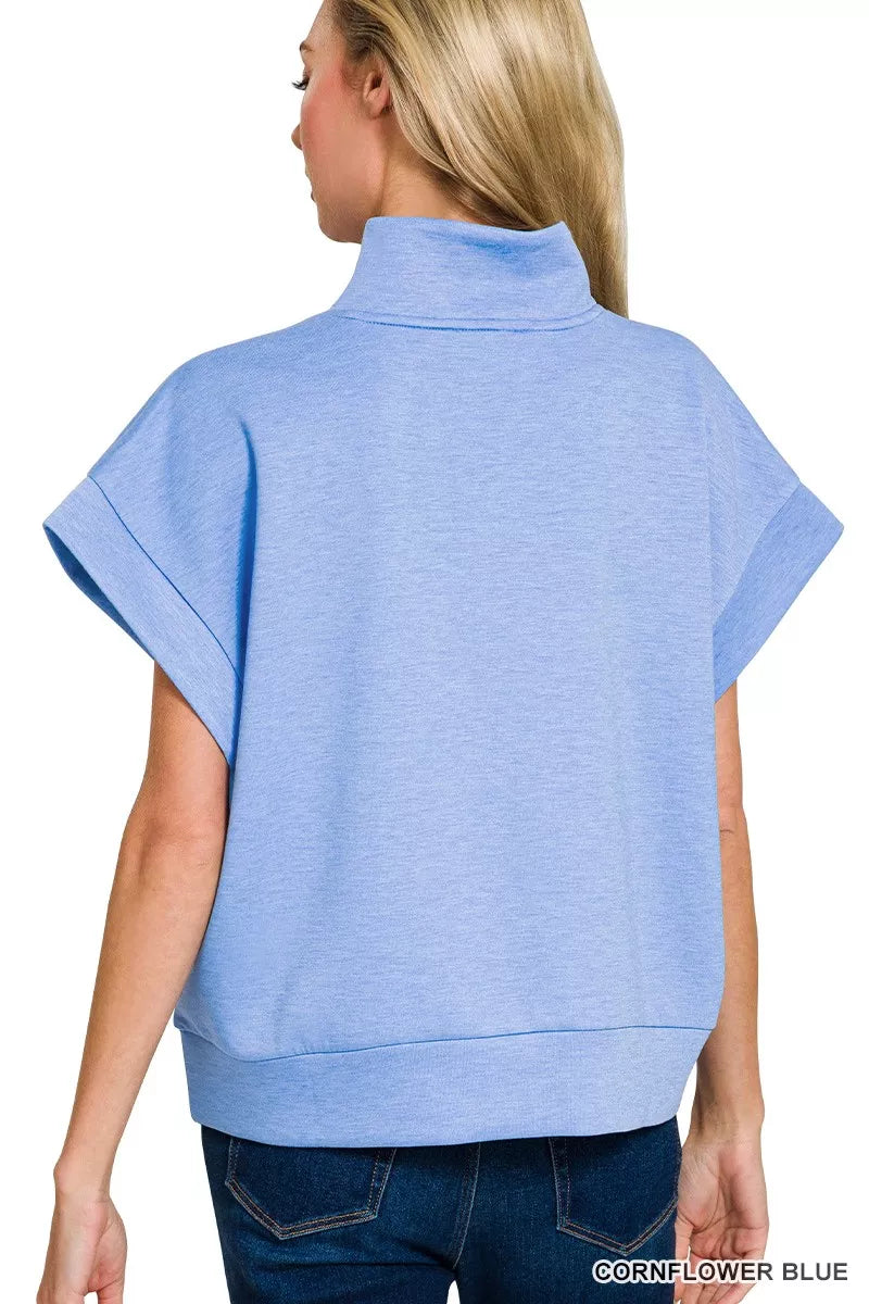 Zenana Cornflower Blue Scuba High Neck Half Zip Top