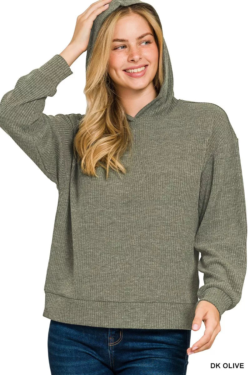Zenana Olive Ribbed Long Sleeve Hoodie