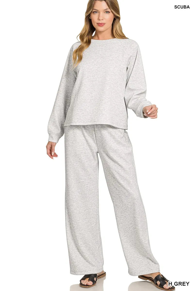 Zenana Heather Gray Scuba Crewneck Pullover and Pants Set H GREY