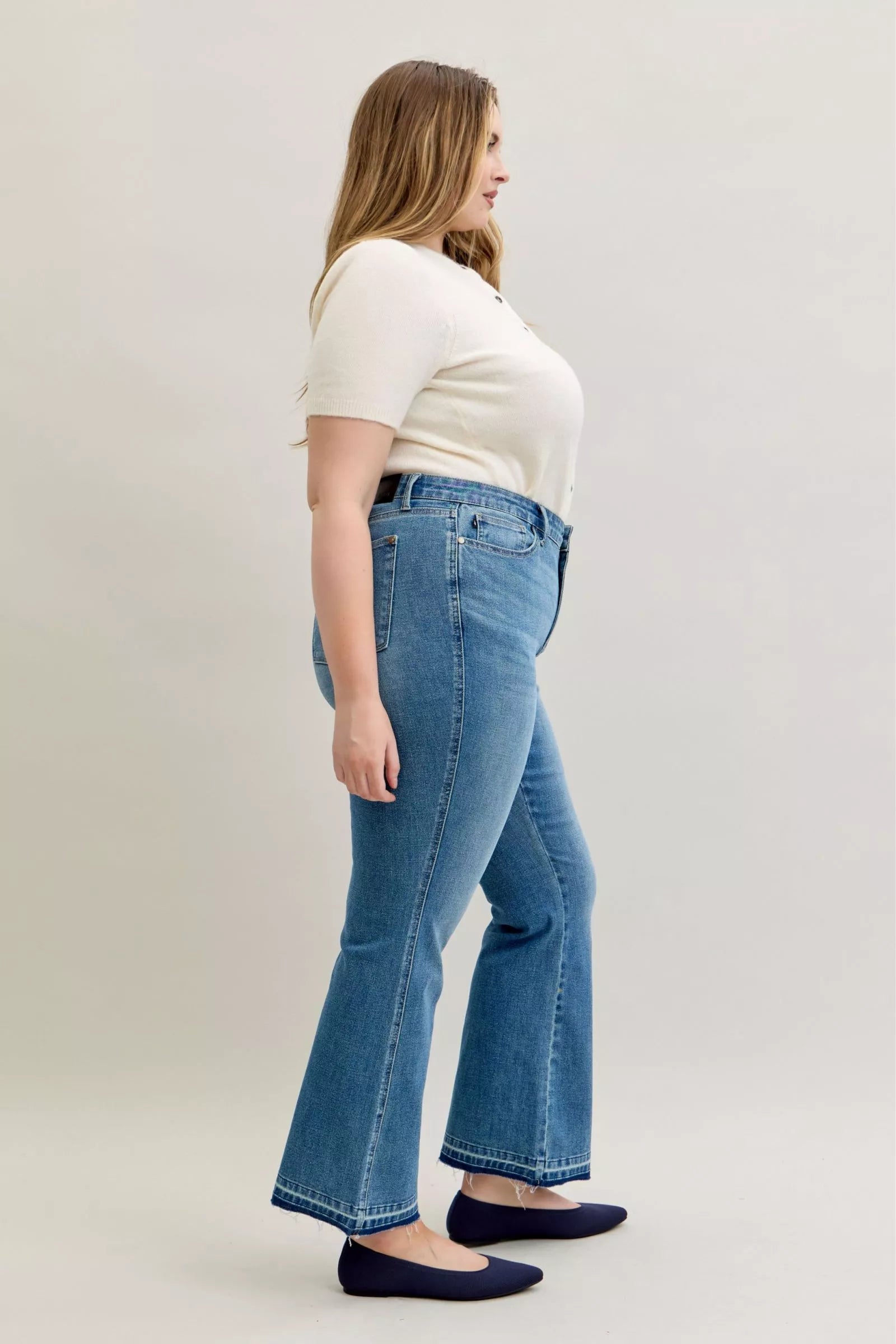 Judy Blue Medium Wash Mid Rise Slim Bootcut Tummy Control Release Hem Jeans
