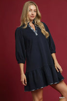 Umgee Navy French Terry Ruffle Hem Dress with Plaid Trim