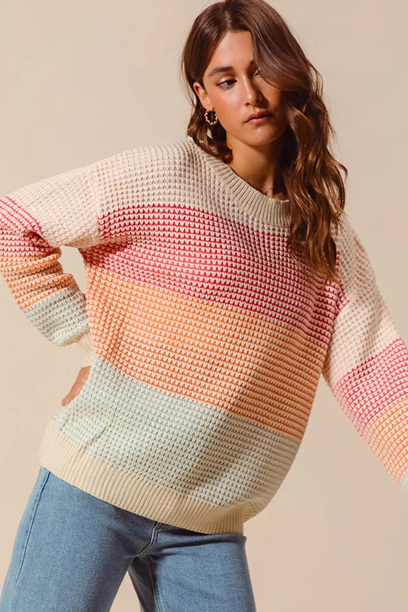 SO ME Oatmeal Combo Multi Color Block Long Sleeve Sweater