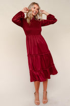 Haptics Burgundy Tiered Solid Frilled Mock Neck Satin Dress