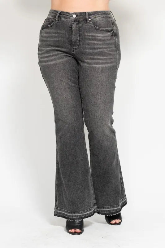 Judy Blue Gray Midi Rise Tummy Control Washed Gray Release Hem Flare Jeans