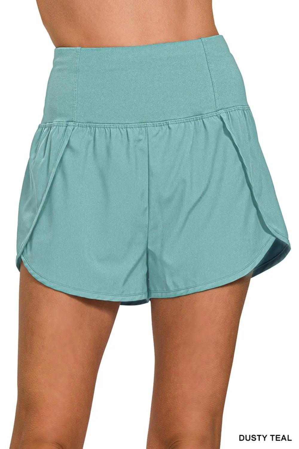 Zenana Dusty Teal High Waisted Zippered Back Pocket Running Shorts DUSTY TEAL