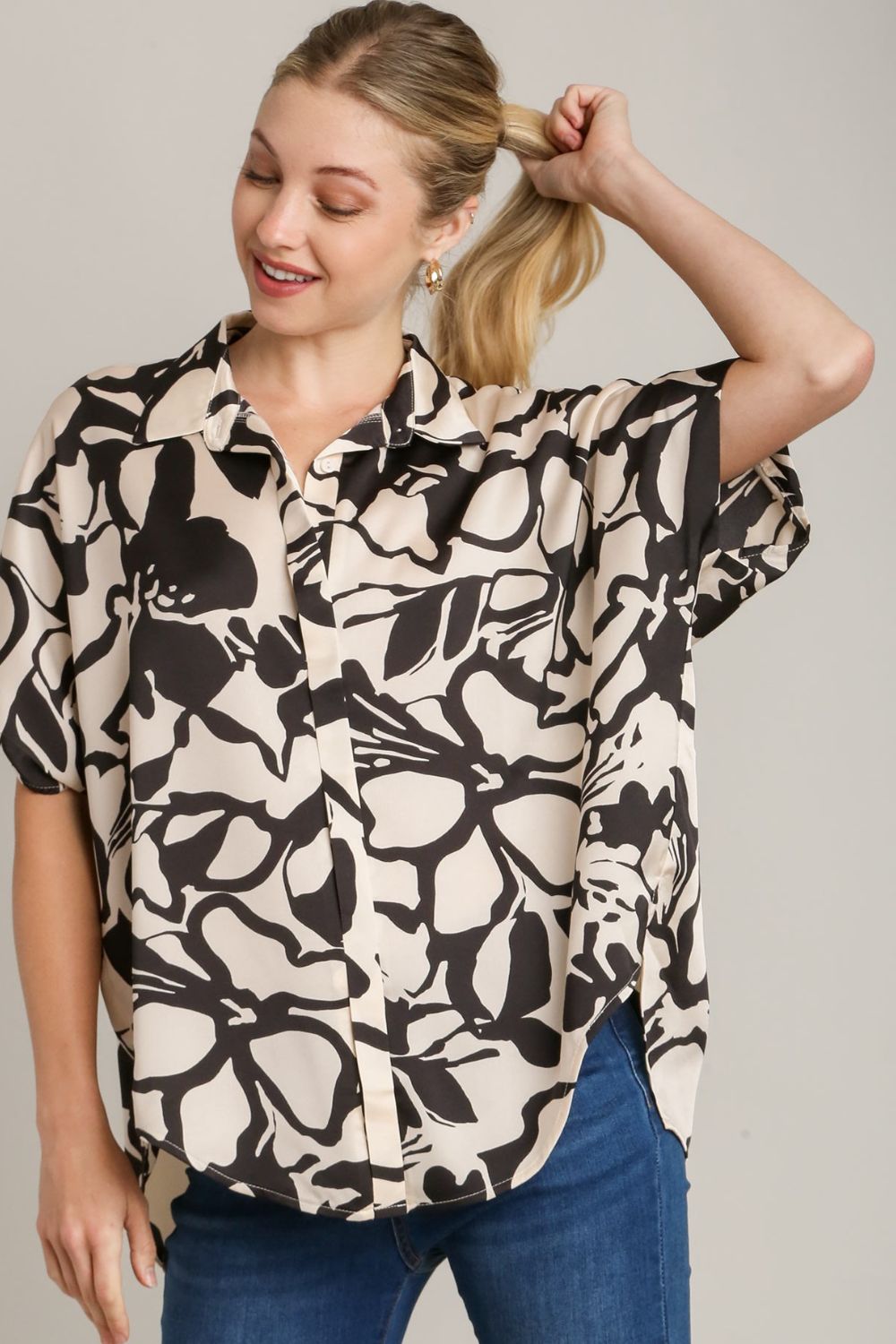 Umgee Two Tone Print Button Down Top with Hidden Plackets