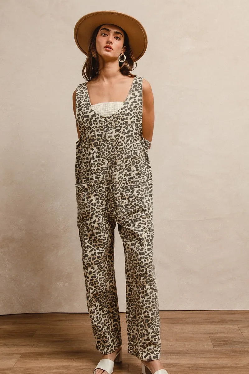 BiBi Leopard Print Adjustable Strap U Neck Jumpsuit