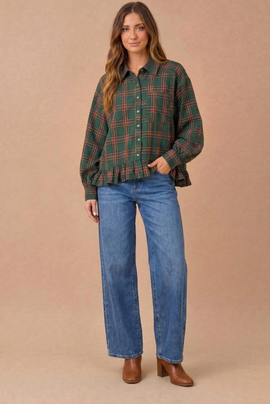 Ruffle the Rules Plaid Flannel Top in Green