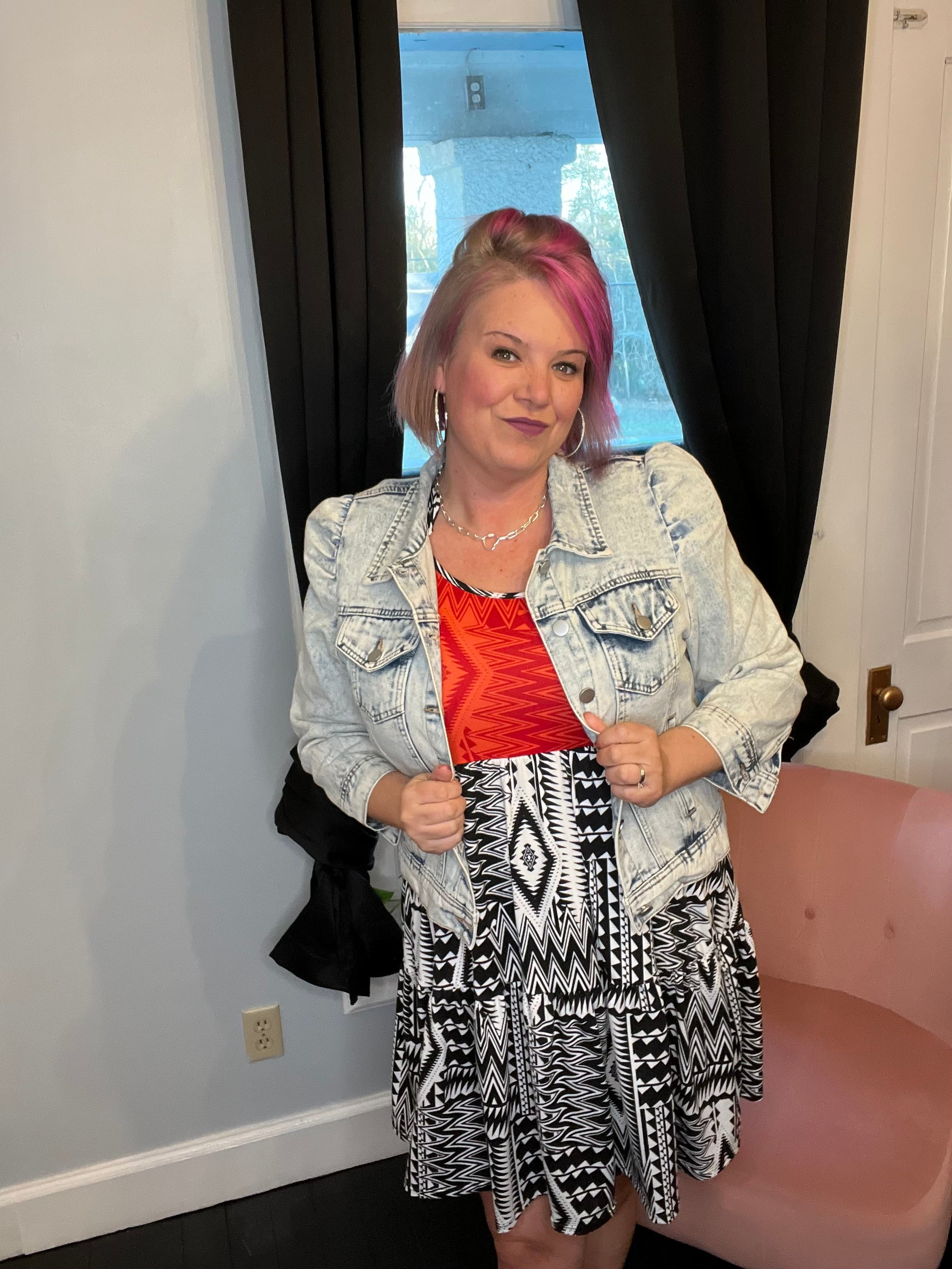 Haptics Red/Black Aztec Shoulder Tie Knot Tiered Dress Final Sale