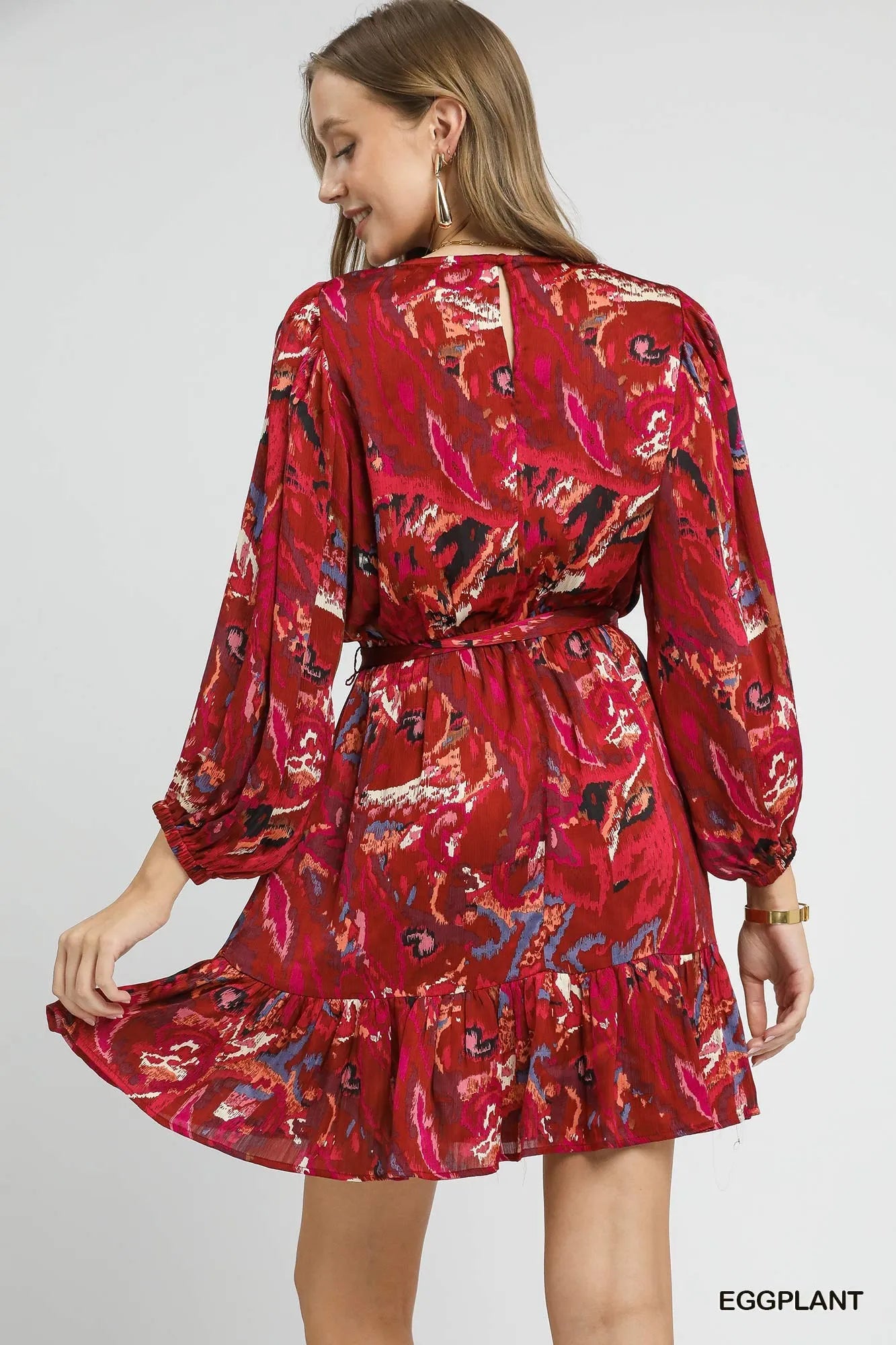 Umgee Eggplant Ruffled Hem Abstract Printed Balloon Sleeve Dress