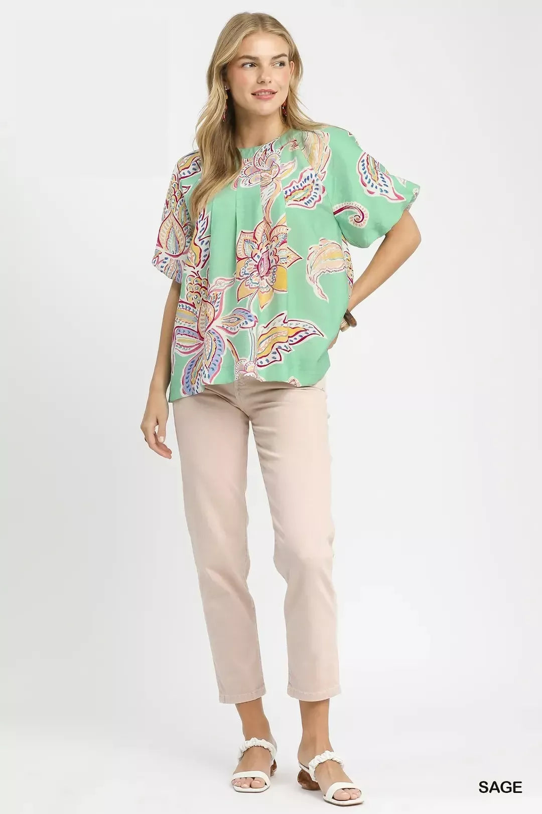 Umgee Sage Paisley Print Puff Sleeve Blouse