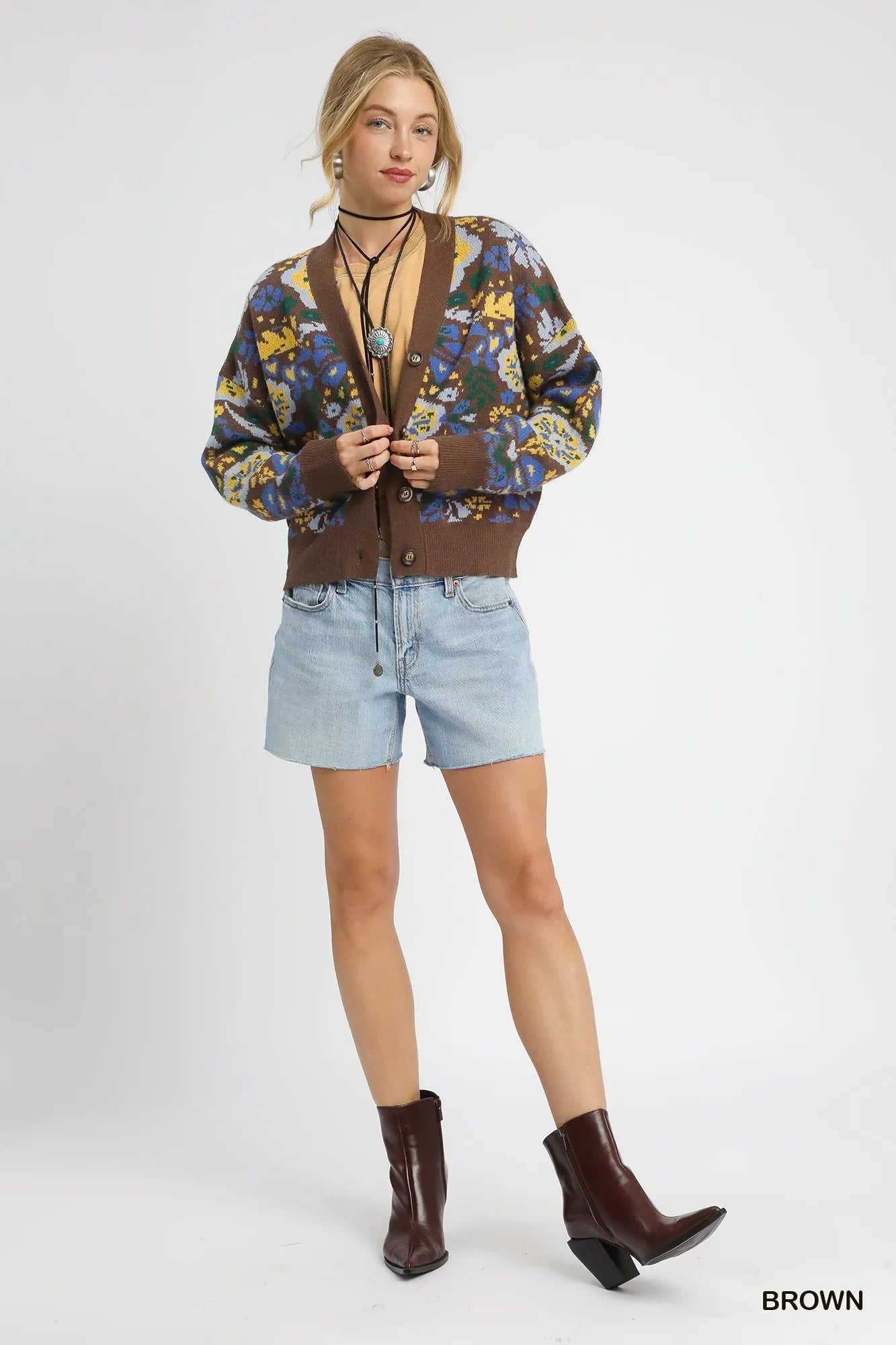 Umgee Brown Floral Knit Button-Up Cardigan