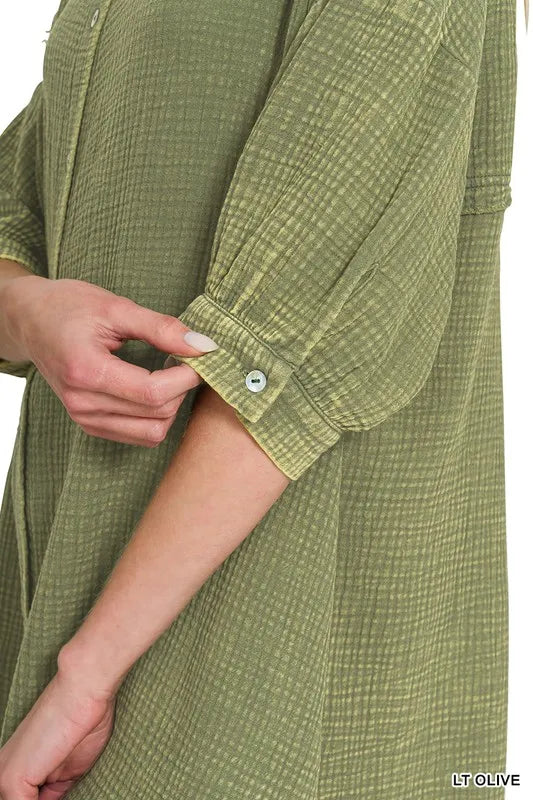 Zenana Light Olive Washed Double Gauze Button Down Shirt Dress