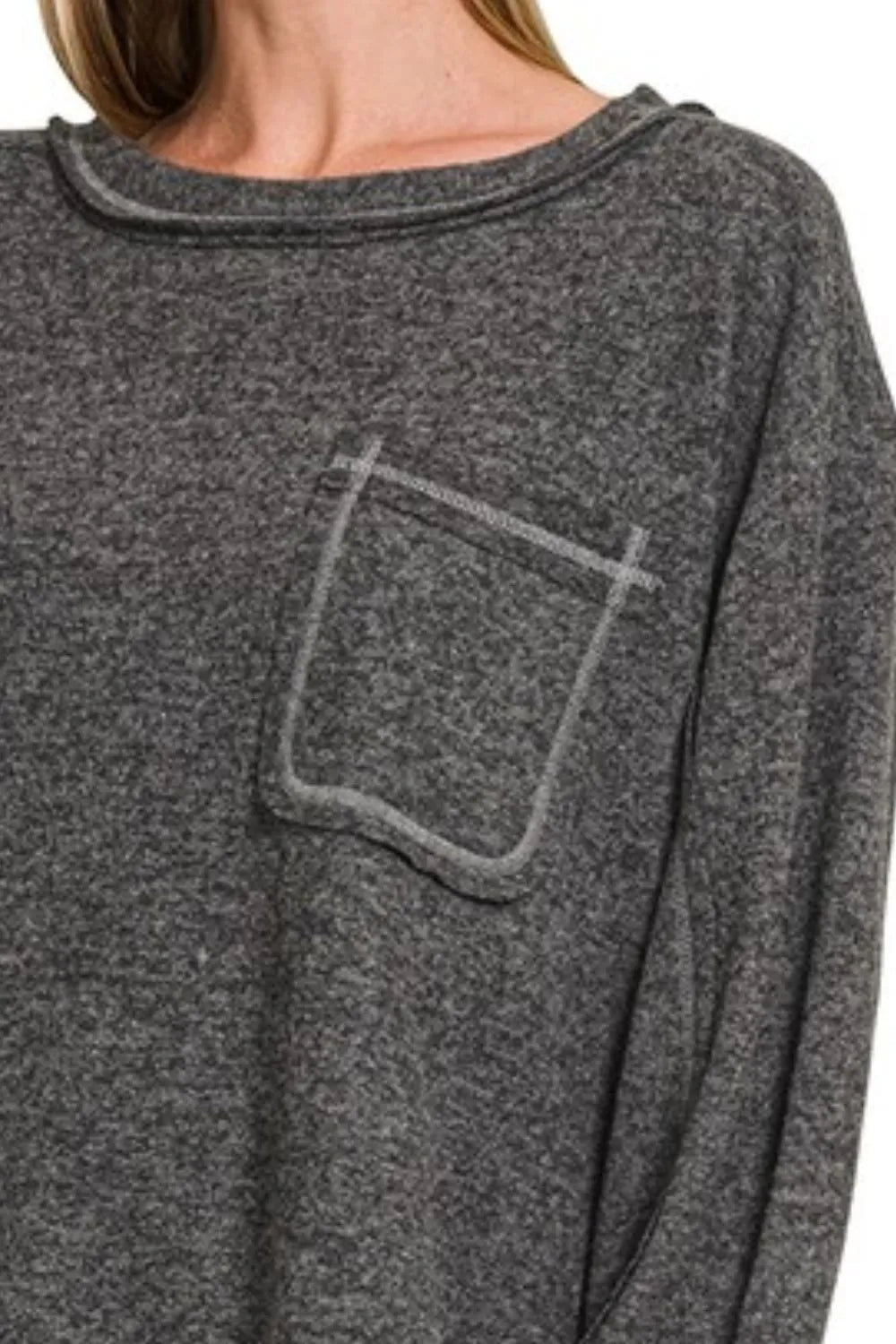 Zenana Black Brushed Hacci Hi-low Round Neck Knit Top