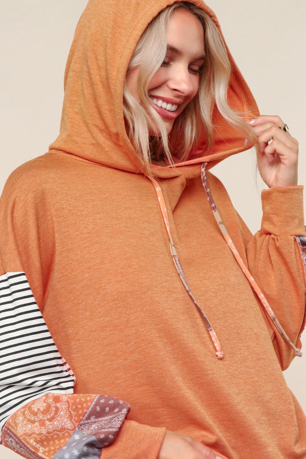 Haptics Rust French Terry Stripe & Printed Patchwork High Low Hoodie